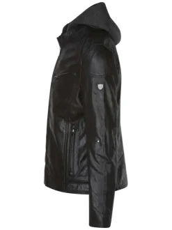 Blouson noir en cuir de mouton avec une coupe droite et un col à capuche