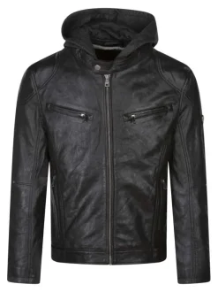 Blouson noir en cuir de mouton avec une coupe droite et un col à capuche