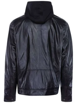 Blouson noir en cuir de mouton coupe droite col mao ERICO HOOD