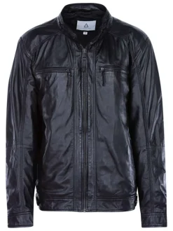 Blouson noir en cuir de mouton coupe droite col mao ERICO HOOD