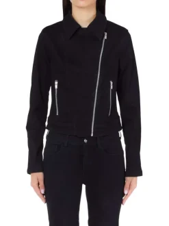 Blouson noir style perfecto avec une coupe courte et un col français