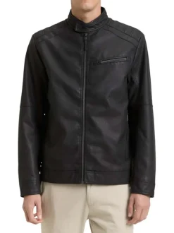 Blouson noir uni avec une coupe ajustée et un col montant avec un bouton