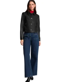 Blouson noir uni à coupe droite avec col à revers et 2 poches à boutons