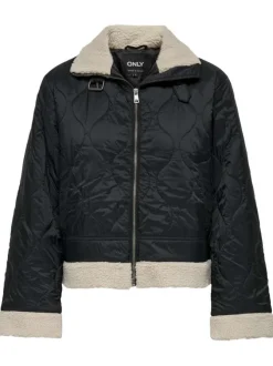 Blouson noir uni à fermeture zippée avec une coupe droite et un col à rabats