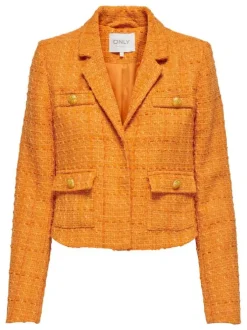 Blouson orange en tweed avec un col cranté et 4 poches à l'avant