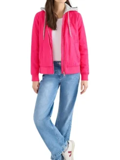 Blouson rose uni pourvu d'une coupe droite et d'une capuche détachable