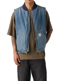 Blouson sans manche en coton bleu à coupe droite pourvu d'un col bomber
