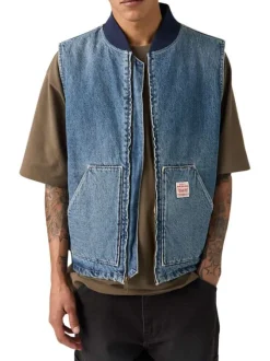 Blouson sans manche en coton bleu à coupe droite pourvu d'un col bomber