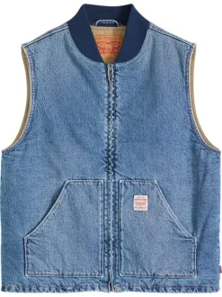 Blouson sans manche en coton bleu à coupe droite pourvu d'un col bomber