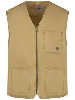 Blouson sans manches en coton beige uni avec une coupe droite et un col v
