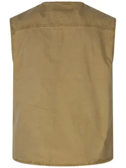 Blouson sans manches en coton beige uni avec une coupe droite et un col v