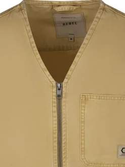 Blouson sans manches en coton beige uni avec une coupe droite et un col v