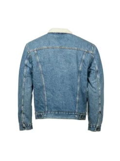 Blouson sherpa fourré en coton bleu jean avec une coupe droite