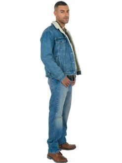 Blouson sherpa fourré en coton bleu jean avec une coupe droite