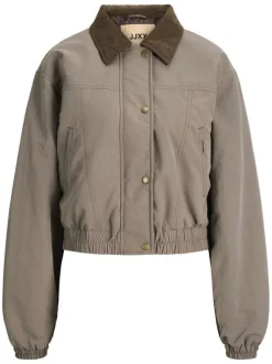 Blouson taupe uni à coupe légèrement oversize avec un col à revers côtelés