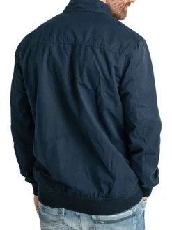 Blouson zippé bleu marine uni, rembourré nylon, à col montant boutonné
