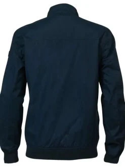 Blouson zippé bleu marine uni, rembourré nylon, à col montant boutonné