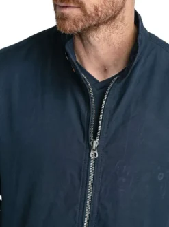 Blouson zippé bleu marine uni, rembourré nylon, à col montant boutonné