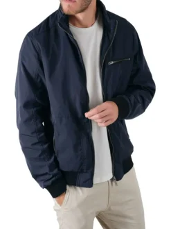 Blouson zippé marine uni avec une coupe droite et un col montant