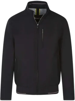 Blouson zippé noir uni avec une coupe droite et un col montant