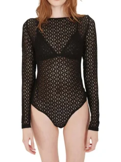 Body noir uni à coupe ajustée avec un col bateau et des manches longues