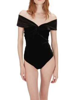 Body sans manches noir uni en velours avec une coupe ajustée