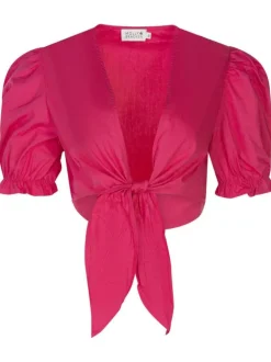 Boléro en coton framboise uni à nouer avec une coupe cropped et un col v