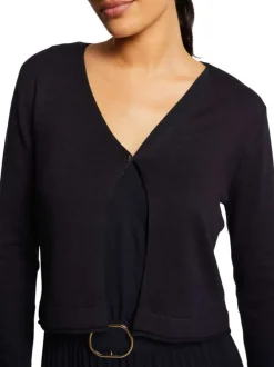 Boléro marine en maille jersey à coupe droite col v et à manches longues
