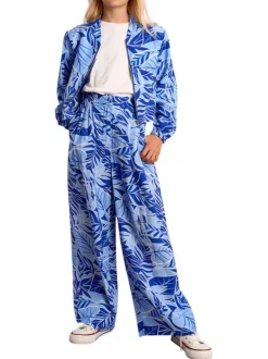 Bomber bleu floral pourvu d'une coupe droite et d'un col mao