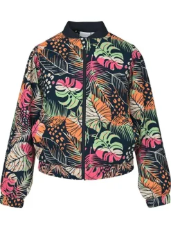 Bomber bleu marine zippé à l'avant à imprimé tropical avec une coupe droite