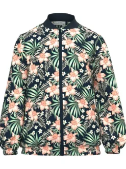 Bomber marine imprimé floral avec une coupe droite et un col teddy