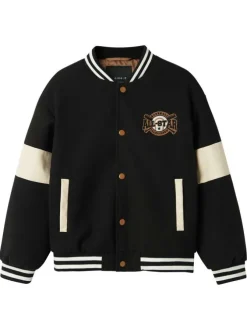 Bomber noir à rayures avec une coupe droite et une broderie au dos