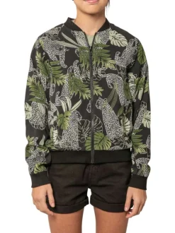 Bomber noir tropical pourvu d'une coupe droite et de motifs imprimés