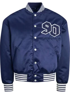 Bomber bleu marine rayé avec une coupe droite et des boutons pressions