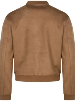 Bomber camel uni en faux daim avec une coupe droite, col bomber et poches