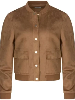 Bomber camel uni en faux daim avec une coupe droite, col bomber et poches