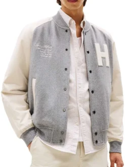 Bomber en coton gris avec un col châle et boutonnière chromée
