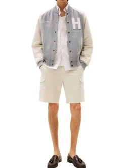 Bomber en coton gris avec un col châle et boutonnière chromée