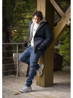 Bomber en coton gris avec un col châle et boutonnière chromée