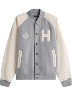 Bomber en coton gris avec un col châle et boutonnière chromée