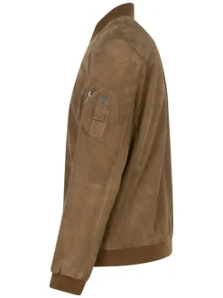 Bomber en cuir de mouton camel uni avec une coupe droite et un col à capuche