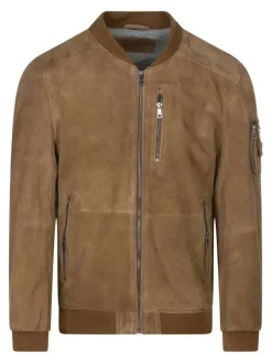 Bomber en cuir de mouton camel uni avec une coupe droite et un col à capuche