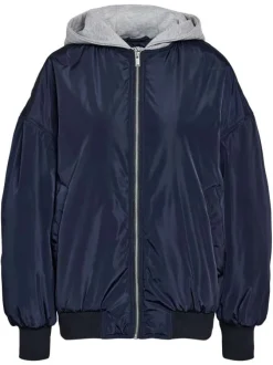 Bomber marine uni à coupe oversize avec col à capuche et 2 poches