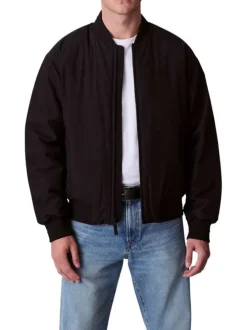 Bomber noir uni zippé à l'avant avec une coupe droite et des poches zippées