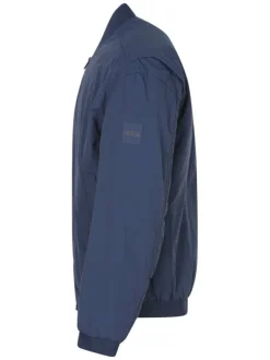 Bomber zippé bleu uni avec une coupe oversize et un col rond