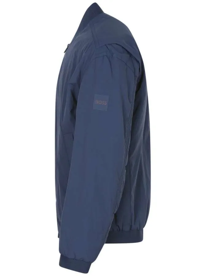 Bomber zippé bleu uni avec une coupe oversize et un col rond