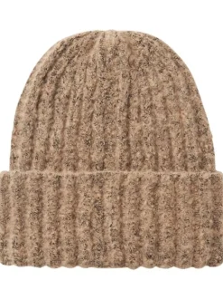Bonnet beige moucheté en maille tricotée doux avec un revers