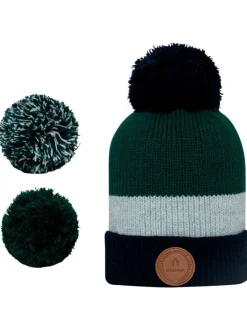 Bonnet Bella Luna marine rayé avec pompons et à revers avec patch de la marque