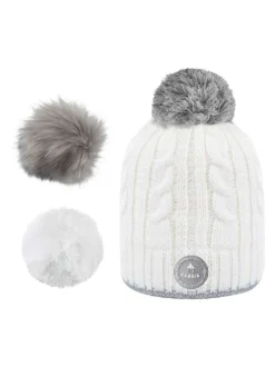 Bonnet blanc en maille torsadée Milky avec pompons interchangeables