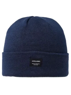 Bonnet bleu uni en maille avec étiquette iconique sur l'ourlet